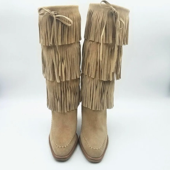 Michael Kors Boots Suede Fringe Sz 7.5M Tan High Heel Almond Toe - Picture 5 of 8